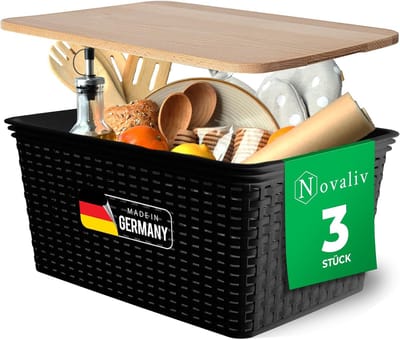Novaliv Set van 3 opbergdozen met houten deksels Keuken 14L Zwarte kunststof rotanlook Keukenopslag & organisatie BPA-vrije kastorganizer Opbergdozen voor theezakjes Snacks Specerijen