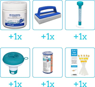 Zwembad Onderhoudspakket - Onderhoud Zwembad - bevat Chloor - Scrubborstel - Thermometer - Chloordrijver - Filter en Testrips (6-delig)