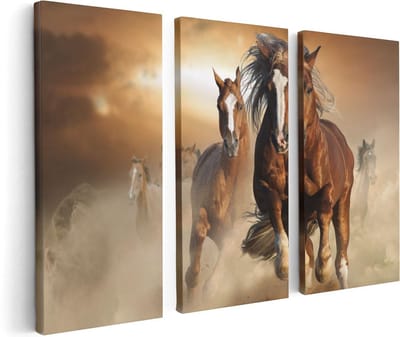 Artaza Canvas Schilderij Drieluik Wilde Paarden In Het Zand - 120x80 - Foto Op Canvas - Canvas Print