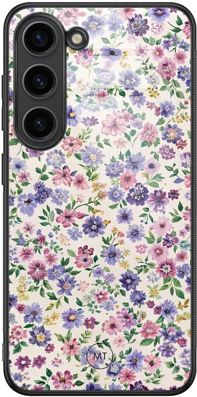 Hoesje geschikt voor Samsung Galaxy S23 - Paarse bloemen - Hard Case Zwart Back Cover - Bloemen - Paars - Mooie Telefoonhoesjes