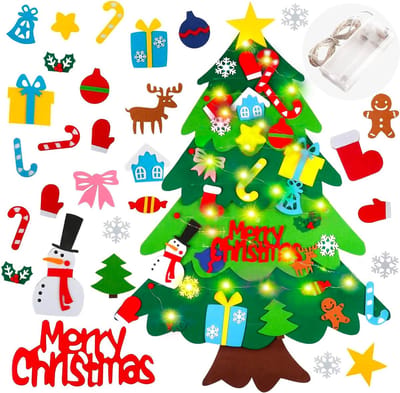 Trend24 - Vilten kerstboom voor kinderen - Vilten kerstboom - Kerstboom vilt - Vilten kerstboom met verlichting - Vilten kerstboom voor kinderen met verlichting - Vilt - Met LED slinger - Met 30 ornamenten - Groen - Veelkleurig - 69 x 98 cm