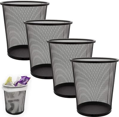 Prullenbak Metaal, Kantoor Prullenbak Zwart 12L | 4-delige Set Papierbak Metaalgaas 12 Liter, Hoogte 26,5 cm, Opening 23,5 cm, voor Kantoor, Slaapkamer en Badkamer