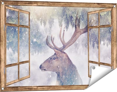 Gards Tuinposter Doorkijk Hertenkop - Hert op een Bomen Achtergrond - 90x60 cm - Tuindoek - Tuindecoratie - Wanddecoratie buiten - Tuinschilderij