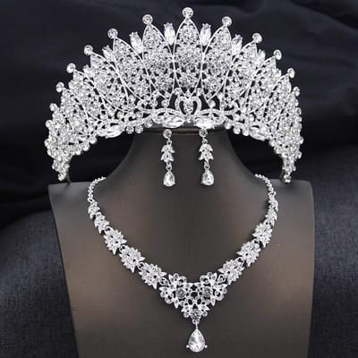 Royal Queen Champagne Tiara's en Kronen Bruidssieradensets voor Vrouwen Bruiloft Kroon en ketting oorbellen Tiara Set Accessoires gray