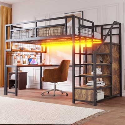 DESMIU Metalen Hoogslaper 140 x 200 cm – Hoogslaper met Bureau, Legplank, Lichtstrip En Stopcontact – Opbergladder Met Kledingkast – Jeugdkamer En Thuiskantoor – Modern Metaal – Zwart – Zonder Matras