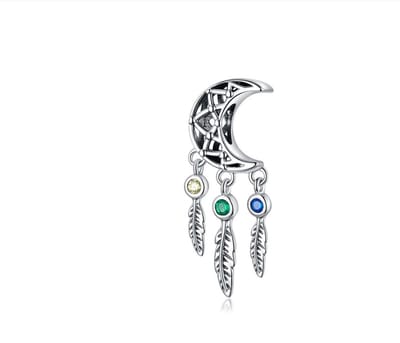 Fler® | Bedel | Past op populaire bedel armbanden | armbandbedel | Dromenvanger | Dromen | Halve Maan | Veren | Hangbedel Charm | 925 Sterling Zilver | Zirkonia | Kerst kado | Sinterklaascadeau | Valentijnsdag cadeau |