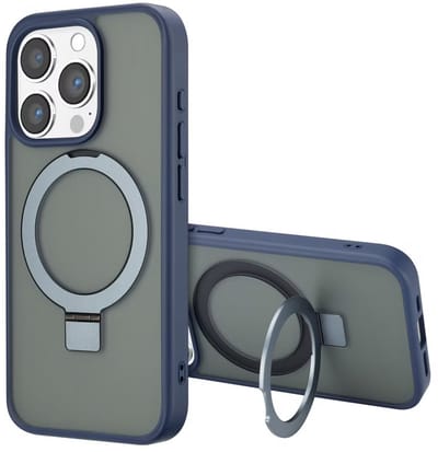 YPCd MagSafe Hoesje Geschikt voor Apple iPhone 15 Pro – Shockproof TPU Backcover met Standaard – Verhoogde Randen – Transparant Donkerblauw