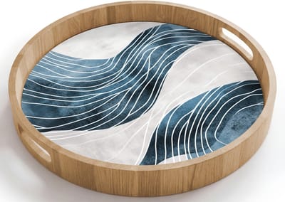 Dienblad rond 40x40 cm - Schootdienblad hout - Lijnen - Golven - Abstract - Blauw - Borrelplank rechthoek - Plateau houten dienbladen