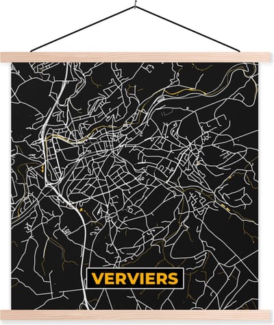 Posterhanger incl. Poster 40x40 cm - Schoolplaat - Verviers - Stadskaart - Goud - Plattegrond - Kaart - Textielposter - Blanke latten - Stadskaart