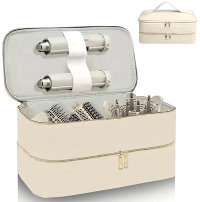 Ultiluxe® Opbergtas geschikt voor Dyson - Reistas voor fohn, airwrap styler, krultang, opbergstukken, krulborstel, stijlborstel, haardroger, fohn - Opbergen haar accessoires - Travel bag haarstyler - Toilettas voor haarproducten - Beige/creme