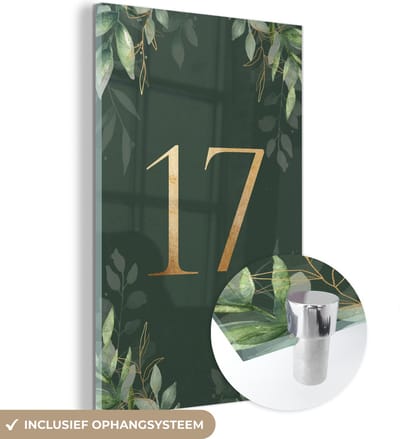 MuchoWow® Glasschilderij 120x180 cm - Schilderij acrylglas - Nummer 17 - Bladeren - Planten - Botanisch - Goud - Foto op glas - Schilderijen
