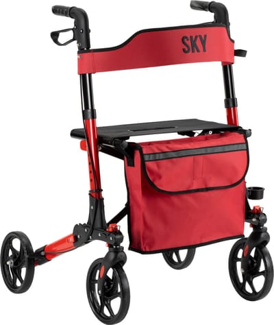 Sky - Lichtgewicht rollator - Special Edition Rood - Dubbel opvouwbaar - Met stokhouder, tas en rugband