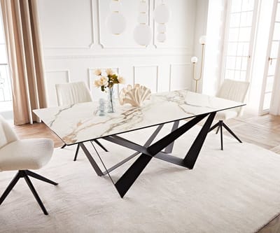 Eetkamertafel Edge keramiek Calacatta Luxe wit-goud-grijs 200x100 spider vlak staal zwart