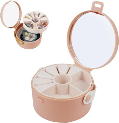 Reis Sieraden Doosje Rond met Spiegel, Draagbare Organiser voor Ringen, Oorbellen, Armbanden en Kettingen, Ideaal voor Vakanties en Thuisgebruik (Roze)