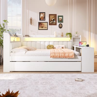 Gestoffeerd bed 140x200 - dagbed met uitschuifbed - wit bed met ledverlichting - USB-aansluiting, bureau en planken voor slaapkamer