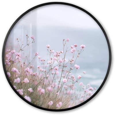Poster in lijst Rond - Fotolijst 60x60 cm - Posters - Klif - Bloemen - Zee - Roze - Ronde posterlijst zwart - Decoratie - Wanddecoratie woonkamer - Muurdecoratie slaapkamer