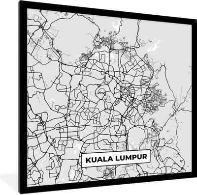 Fotolijst incl. Poster Zwart Wit- Kaart - Kuala Lumpur - Stadskaart - Plattegrond - Zwart Wit - 40x40 cm - Posterlijst