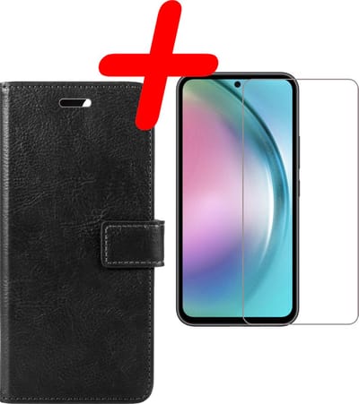 Hoesje Met Screenprotector - Geschikt voor Samsung Galaxy A54 - Luxe Pasjeshouder - Bookcase Portemonee - Flip Case - Kunstleer Book Case - Flipcase - Book Cover - Walletcase - Portemonneehoes - Zwart