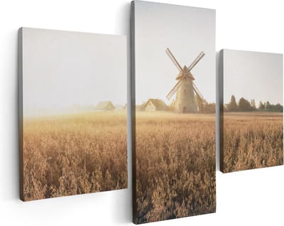 Artaza Canvas Schilderij Drieluik Windmolen in het Veld - 90x60 cm - Wanddecoratie Woonkamer - Schilderijen - Muurdecoratie
