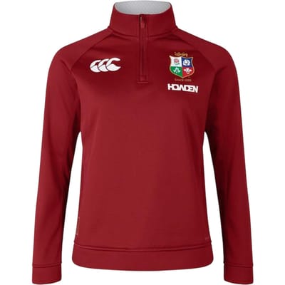 Canterbury Dames-rugbyfleece met kwartrits van de British & Irish Lions 2025 (Rode Dahlia)