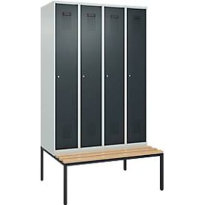 C+P Evolo Plus kledingkast, 4 vakken, 300 mm vakbreedte, met bank eronder, B 1200 x D 815 x H 2120 mm, cilinder, lichtgrijs/antracietgrijs