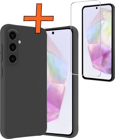 Hoes - Met Screenprotector - Geschikt voor Samsung Galaxy A35 - Sterk & Shockproof - Back Cover - Siliconen Case - Telefoon Hoes - Zwart