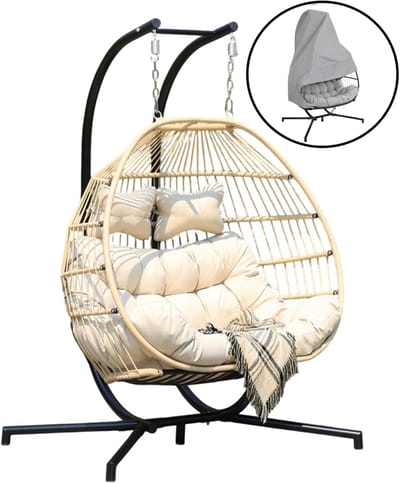 Ogarden Hangstoel Alta met Weerhoes - 2 Persoons Hangstoel met Zwart Standaard - Opvouwbare Basket - Voor Binnen & Buiten