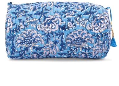 Bambooya make-up tas - Bohemian - Ibiza Style - Made in India - Tassel - blauw met donkerblauwe bloemen - Small ( 17 x 12 x 7 cm )
