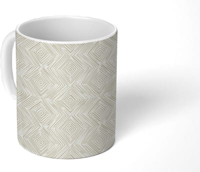 Mok - Koffiemok - Abstract - Ruiten - Beige - Mokken - 350 ML - Beker - Koffiemokken - Theemok