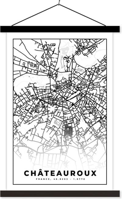 Posterhanger incl. Poster 40x60 cm - Schoolplaat - Frankrijk – Châteauroux - Plattegrond – Stadskaart – Kaart - Zwart wit - Textielposter - Zwarte latten - Stadskaart