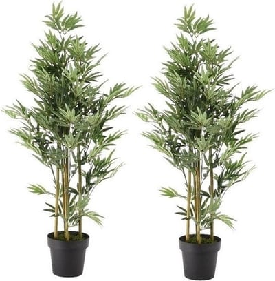 2x Groene bamboe kunstplant 125 cm in zwarte plastic pot - Kamerplant kunstplanten/nepplanten