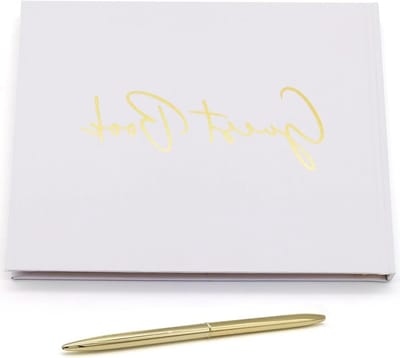 Gastenboek Bruiloft - Aanmeldboek Receptie - Herinneringen Vastleggen - Met Gouden Pen - 17.8 x 22.9 cm - Beige