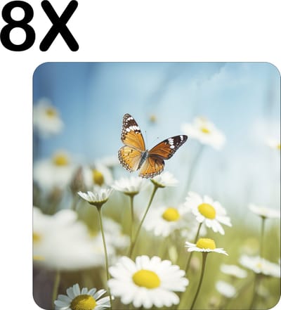Luxe Placemat - Oranje Vlinder op Witte Bloemen - Set van 8 Placemats - 50x50 cm - 2 mm dik Vinyl - Anti Slip - Afneembaar