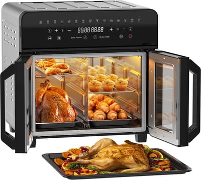 Twee Zones Airfryer - 23L grote capaciteit Heteluchtfriteuse - met afneembaar tussenstuk en dubbele franse deuren - 2200W krachtige dubbele kookzone - 15 voorgeinstelde kookprogramma’s - 12 handige accessoires