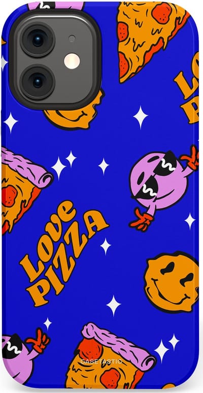 Casetastic hoesje geschikt voor Apple iPhone 12 Mini - Dubbellaagse bescherming - Funky Pizza - Fashion Case - Paars Okergeel Donkerblauw Bruin