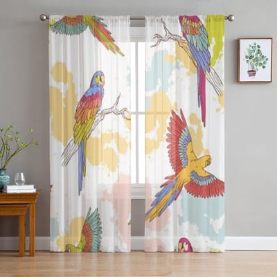 Papegaai Ara Grunge Kleurrijk Transparant Gordijn Voor Woonkamer Slaapkamer Voile Gordijnen Voor Raam Organza Gordijnen Feest Tule Draperieën 135W x 114H(cm) white