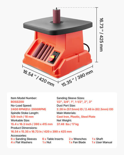 Oscillerende spindelschuurmachine, 2000 tpm tafelmodel met 6 schuurhulzen (12,7–76,2 mm), 16 mm slag en 390 x 415 mm ruime werktafel voor houtbewerking, meubelrenovatie en knutselprojecten