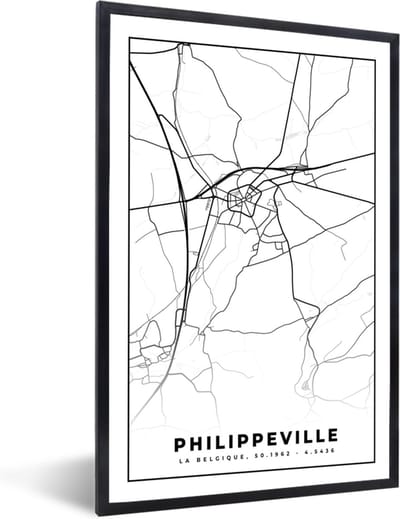 Fotolijst incl. Poster Zwart Wit- Zwart Wit – België – Plattegrond – Stadskaart – Kaart – Philippeville - 40x60 cm - Posterlijst