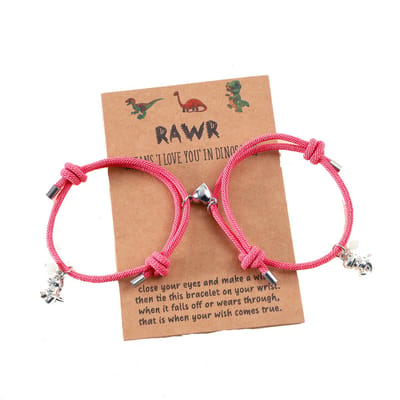 Vriendschapsarmbandjes voor 2 met Magnetisch Hartje, Dino & Glow in the Dark Hangers - Roze Bandjes - BFF Armband op Cadeau kaartje - Pax Amare