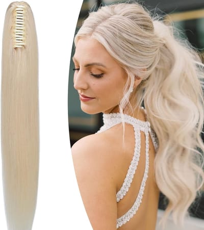 Ponytail Extension van 14 inch in 100% Menselijk Haar - Clip-in Remy Haarstuk voor Vrouwen, Natuurlijk Recht en Lichtblond (105g)