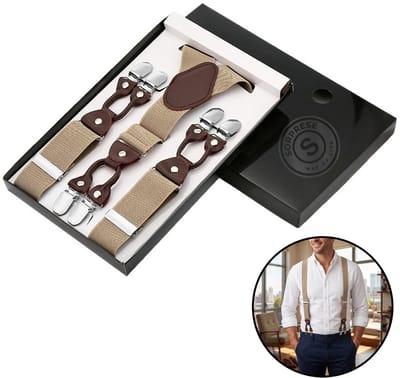 Sorprese - Luxe Chique Bretels - Crème - Donkerbruin Leer - 6 Stevige Clips - Bretels Heren Volwassenen - Inclusief Cadeaudoos