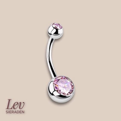 Lev Sieraden - Titanium double jewelled navel barbell piercing - 1.6 x 10 mm - 5 mm en 8 mm bal - Roze Zirkonia steen