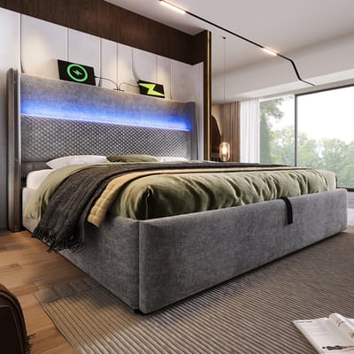 YEHTOKHOME Gestoffeerd Bed 140x200 cm Tweepersoonsbed met LED verlichting - USB C-type oplaadfunctie - Hydraulisch bed met opbergruimte - Hoog hoofdeinde - Lattenbodem - Grijs Linnen (zonder matras)