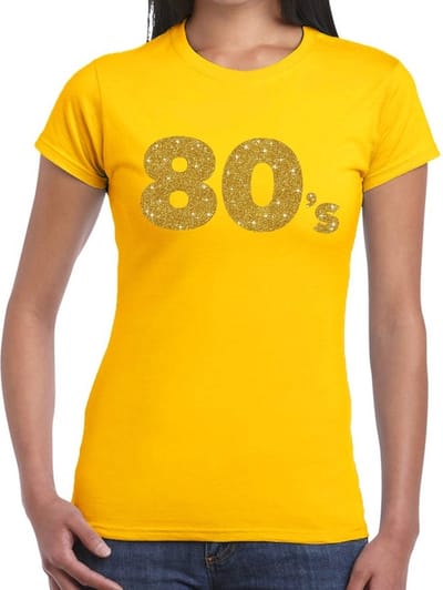 Bellatio Decorations Eighties feestkleding - 80's t-shirt - geel - voor dames - met gouden glitters druk - Jaren 80 - verkleden S