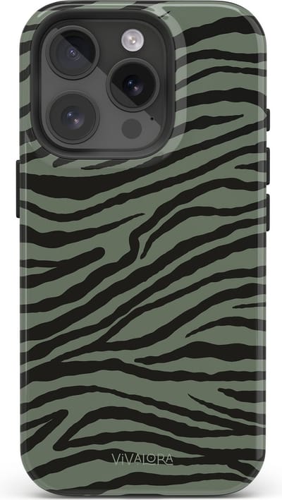 VivaLora Tough Telefoonhoesje iPhone 16 Pro met MagSafe - Wild Lines Zebra Print - 2-in-1 Phone Case - Hard Case & Siliconen Backcover - Extra Bescherming - Shockproof Cover - Zebraprint Groen