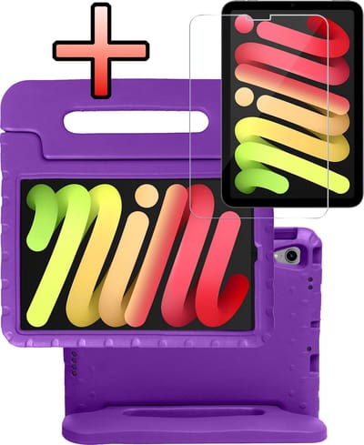 Hoes - Geschikt voor Apple iPad Mini 7 (2024) - 8.3 inch - 7e Generatie - Met Screenprotector - Kinderhoes Shockproof Bumper - Kidsproof Case - Tablet Hoesje - Kinder Cover - Paars