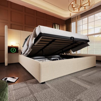 MEUNIQ tweepersoons bed 180x200 met opbergruimte, lattenbodem, leeslamp, USB en Type-C, gestoffeerd bedframe met hoofdbord en opbergvakken voor slaapkamer
