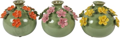 Countryfield vaas aardewerk decoratie Fleur M geel groen roze 17x17x15cm.