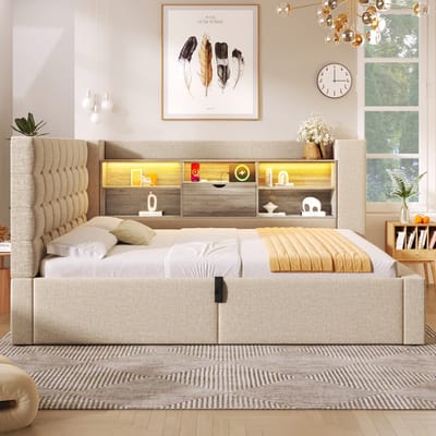 Wishdor – Eenpersoonsbed 90x190 cm – L‑Vormig Hoofdbord & LED 60.000+ Kleuren – USB‑C Snellader – Hydraulische Opbergruimte – Linnen Beige