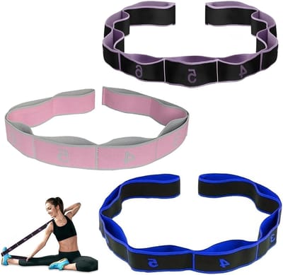 Drie elastische fitnessbanden van 90 cm - Roze, blauw en paars - Ideaal voor yoga, revalidatie en houdingsoefeningen